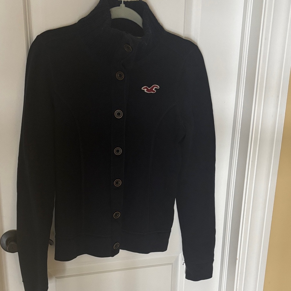 Hollister Navy Blue Button-Up Sweater with Logo